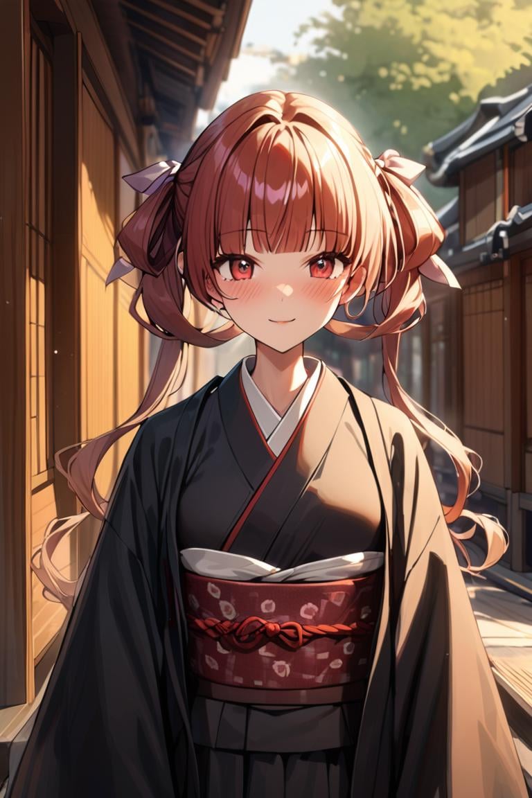 masterpiece, best quality, best aesthetic, ultra detailed, BREAK 1girl, solo, female,annehalfordexp , red hair, red eyes,blunt bangs, twin tails, hair ribbon,kimono,haori, japanese clothes, japanese background,, light smile, blush outdoors, , looking at viewer, , colorful, vivid, <lora:Anne_Halford_XL-000010:0.9>