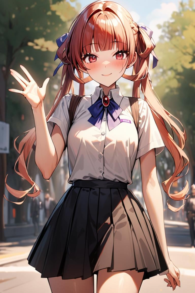 masterpiece, best quality, best aesthetic, ultra detailed, BREAK 1girl, solo, female,annehalfordexp , red hair, red eyes,blunt bangs, twin tails, hair ribbon,school unifrom,, cowboy shot,  waving hand, saying hi, light smile, blush outdoors, , looking at viewer, , colorful, vivid, <lora:Anne_Halford_XL-000010:0.9>