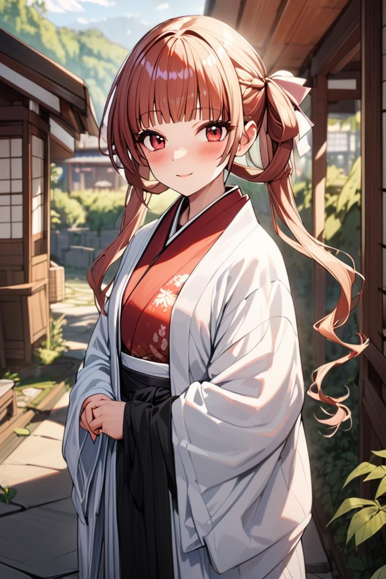 masterpiece, best quality, best aesthetic, ultra detailed, BREAK 1girl, solo, female,annehalfordexp , red hair, red eyes,blunt bangs, twin tails, hair ribbon,kimono,haori, japanese clothes, japanese background,, light smile, blush outdoors, , looking at viewer, , colorful, vivid, <lora:Anne_Halford_XL-000010:0.9>