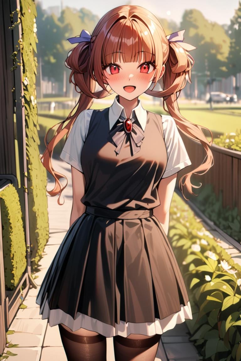 masterpiece, best quality, best aesthetic, ultra detailed, BREAK 1girl, solo, female,annehalfordexp , red hair, red eyes,blunt bangs, twin tails, hair ribbon,school unifrom, skirt, thigh highs, upper body, smile, open mouth, blush outdoors, , looking at viewer, , colorful, vivid, <lora:Anne_Halford_XL-000010:0.9>