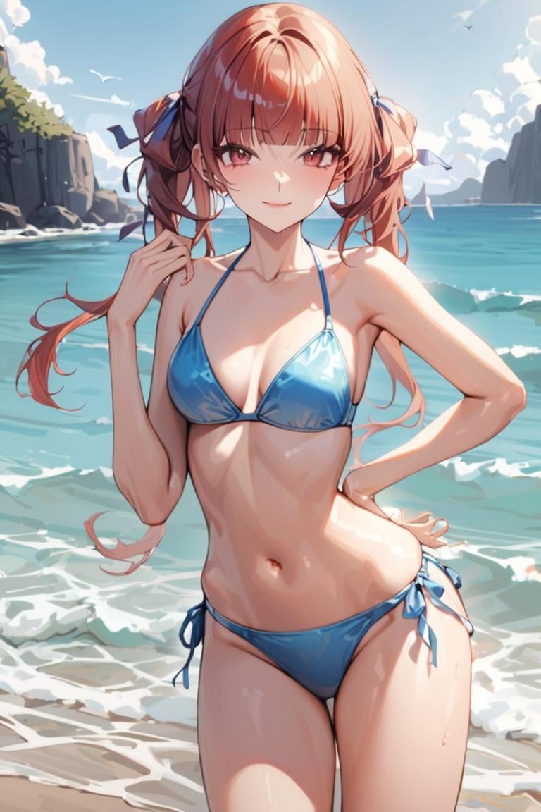 masterpiece, best quality, best aesthetic, ultra detailed, BREAK 1girl, solo, female,annehalfordexp , red hair, red eyes,blunt bangs, twin tails, hair ribbon,bikini, side tie bikini, beach, ocean, navel, thighs,, outdoors, , looking at viewer, light smile, colorful, vivid, <lora:Anne_Halford_XL-000010:0.8>