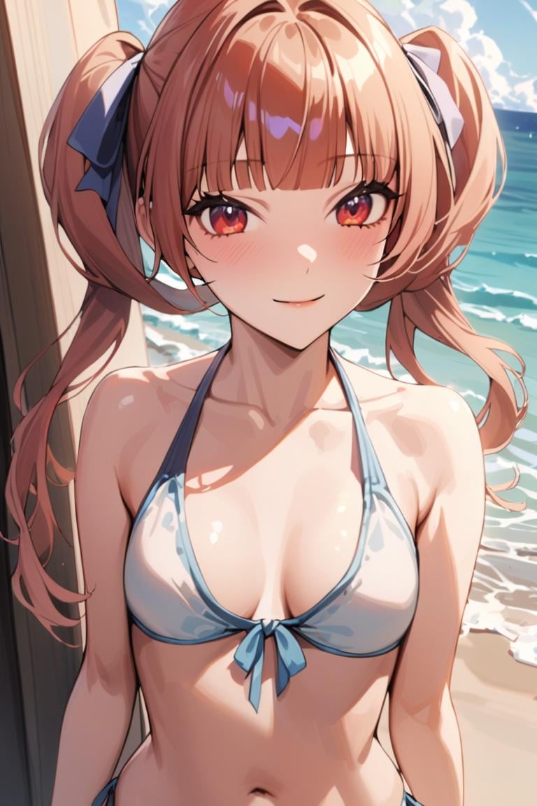 masterpiece, best quality, best aesthetic, ultra detailed, BREAK 1girl, solo, female,annehalfordexp , red hair, red eyes,blunt bangs, twin tails, hair ribbon,bikini, side tie bikini, beach, ocean, navel, upper body, outdoors, , looking at viewer, light smile, colorful, vivid, <lora:Anne_Halford_XL-000010:0.8>