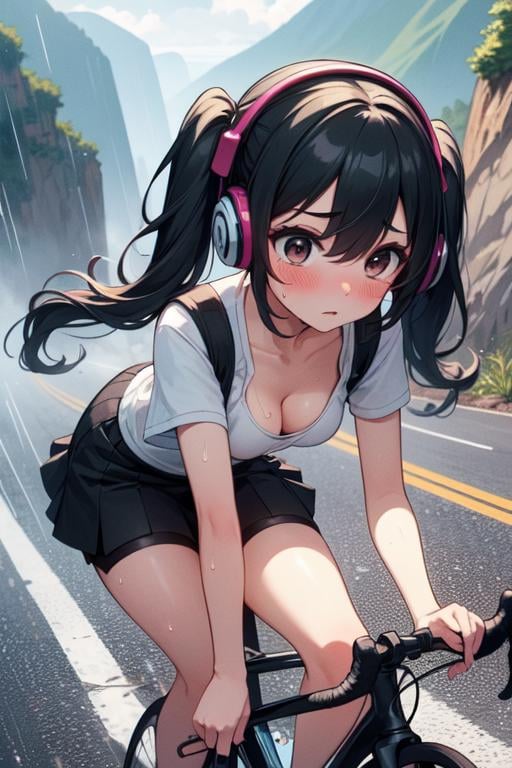 (((masterpiece))), (((best quality))), (((closeup))), ((1girl riding a road bike)), hands on bike, yungas road, downhill, cliff, steep slope, headphones, backpack, falling rocks, wind, thin legs, ribbon, ((brown twintails in wind)), collarbone, cleavage, big tits, black skirt, thighs, calf, miosis, sweat, shy. blush, fog, raining, speed lines, <lora:girllikeyungasroad:0.8>