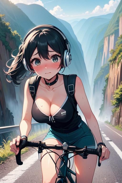 (((masterpiece))), (((best quality))), (((yungas road))), ((closeup)), ((riding a road bike)), (handlebar), downhill, cliff, steep slope, headphones, backpack, falling rocks, thin legs, ribbon, ((black ponytail in wind)), collarbone, cleavage, big tits, blue skirt, thighs, calf, miosis, sweat, shy. blush, <lora:girllikeyungasroad:0.8>