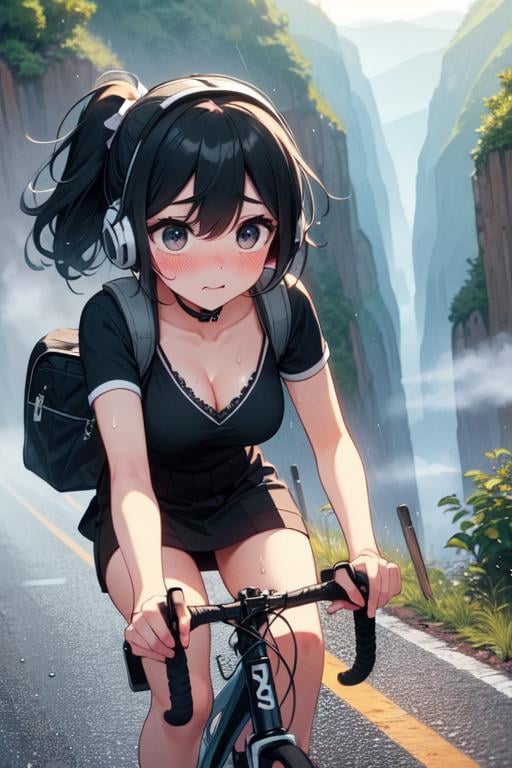 (((masterpiece))), (((best quality))), ((closeup)), ((riding a road bike)), ((handlebar)), ((bus on yungas road)), downhill, cliff, steep slope, headphones, backpack, falling rocks, wind, thin legs, ribbon, ((black ponytail in wind)), collarbone, cleavage, big tits, black skirt, thighs, calf, miosis, sweat, shy. blush, fog, raining, speed lines,<lora:girllikeyungasroad:0.8>