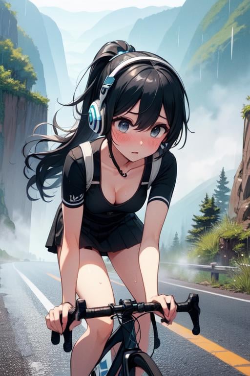 (((masterpiece))), (((best quality))), (((closeup))), ((1girl riding a road bike)), hands on bike, yungas road, downhill, cliff, steep slope, headphones, backpack, falling rocks, wind, thin legs, ribbon, ((black ponytail in wind)), collarbone, cleavage, big tits, black skirt, thighs, calf, miosis, sweat, shy. blush, fog, raining, speed lines, <lora:girllikeyungasroad:0.8>