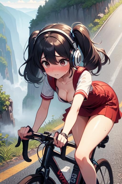 (((masterpiece))), (((best quality))), (((closeup))), (((1girl riding a road bike))), ((hands on bike)), yungas road, cliff, steep slope, headphones, backpack, falling rocks, wind, thin legs, ribbon, ((brown twintails in wind)), collarbone, cleavage, big tits, red skirt, thighs, calf, miosis, sweat, shy. blush, fog, raining, speed lines, <lora:girllikeyungasroad:0.8>