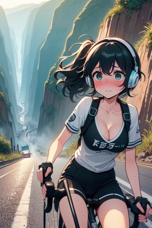 (((masterpiece))), (((best quality))), (((yungas road))), ((closeup)), ((riding a road bike)), (handlebar), downhill, cliff, steep slope, headphones, backpack, falling rocks, thin legs, ribbon, ((black ponytail in wind)), collarbone, cleavage, big tits, black skirt, thighs, calf, miosis, sweat, shy. blush,<lora:girllikeyungasroad:1>