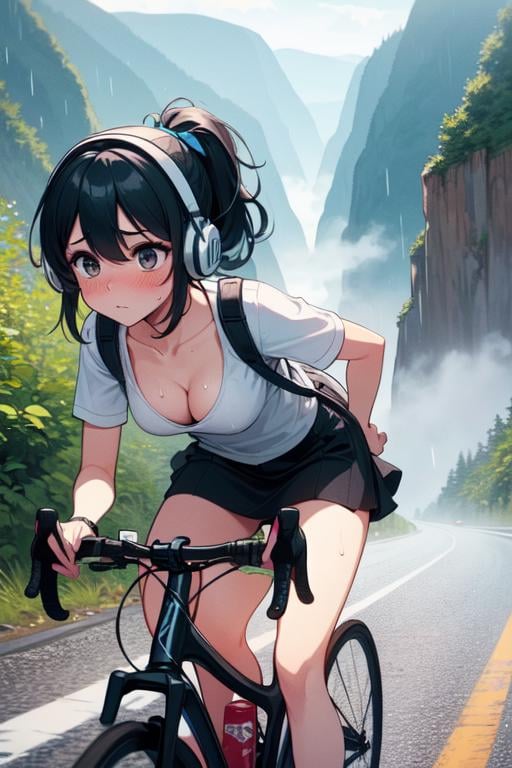 (((masterpiece))), (((best quality))), (((closeup))), ((1girl riding a road bike)), hands on bike, yungas road, downhill, cliff, steep slope, headphones, backpack, falling rocks, wind, thin legs, ribbon, ((black ponytail in wind)), collarbone, cleavage, big tits, black skirt, thighs, calf, miosis, sweat, shy. blush, fog, raining, speed lines, <lora:girllikeyungasroad:0.8>