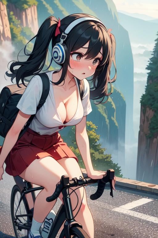 (((masterpiece))), (((best quality))), (((closeup))), (((1girl riding a road bike))), ((hands on bike)), yungas road, cliff, steep slope, headphones, backpack, falling rocks, wind, thin legs, ribbon, ((brown twintails in wind)), collarbone, cleavage, big tits, red skirt, thighs, calf, miosis, sweat, shy. blush, fog, raining, speed lines, <lora:girllikeyungasroad:0.8>