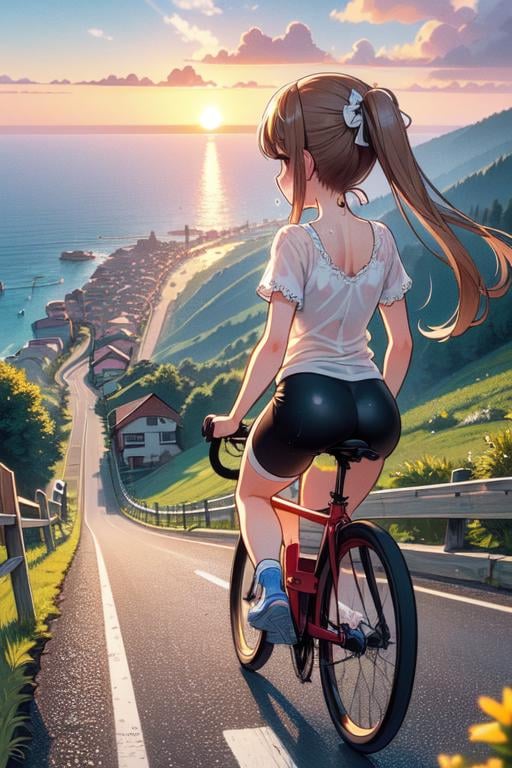 (((masterpiece))), (((best quality))),  (((speed lines))), (((from behind))), (((riding a downhill road bike))), (((hands on handlebar))), (((steep slope))), headphones, ((beige chiffon lace cycling shorts)), strong wind, 1girl,  ribbon, 9brown twintails), collarbone, cleavage, ((huge tits)), ((sweat)), ((wet body)), shy. blush, thighs, (((knee))), (((shoes))), ((wheel)), ((slender figure)), (((sunset))), (((countless house in town close to sea))), <lora:girllikedownhillV2:1>