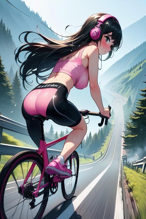 (((masterpiece))), (((best quality))),  (((speed lines))), (((overlooking))), (((from behind))), (((riding a downhill road bike))), ((steep slope)), headphones, pink lace cycling shorts, strong wind, 1girl,  ribbon, black longhair, collarbone, cleavage, ((huge tits)), ((sweat)), ((wet body)), shy. blush, thighs, calves, ((slender figure)),  <lora:girllikedownhillV2:1>