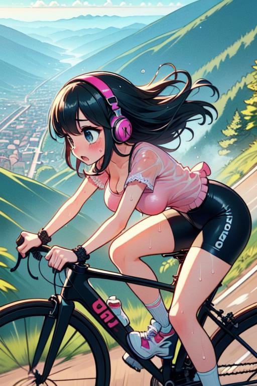 (((masterpiece))), (((best quality))),  (((speed lines))), (((from side))), (((riding a downhill road bike))), (((hands on handlebar))), (((steep slope))), headphones, cyan lace cycling shorts, strong wind, 1girl,  ribbon, black longhair, collarbone, cleavage, ((huge tits)), ((sweat)), ((wet body)), shy. blush, thighs, calves, shoes, ((wheel)), ((slender figure)),  <lora:girllikedownhillV2:1>