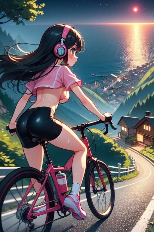 (((masterpiece))), (((best quality))),  (((speed lines))), (((from behind))), (((riding a downhill road bike))), (((hands on handlebar))), (((steep slope))), headphones, pink lace cycling shorts, strong wind, 1girl,  ribbon, black longhair, collarbone, cleavage, ((huge tits)), ((sweat)), ((wet body)), shy. blush, thighs, (((knee))), ((shoes)), ((wheel)), ((slender figure)), (((night))), (((countless house in town close to sea))), <lora:girllikedownhillV2:1>