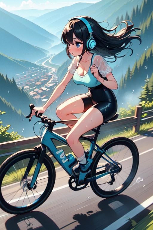 (((masterpiece))), (((best quality))),  (((speed lines))), (((from side))), (((riding a downhill road bike))), (((handlebar))), (((steep slope))), headphones, cyan lace cycling shorts, strong wind, 1girl,  ribbon, black longhair, collarbone, cleavage, ((huge tits)), ((sweat)), ((wet body)), shy. blush, thighs, calves, shoes, ((wheel)), ((slender figure)),  <lora:girllikedownhillV2:1>