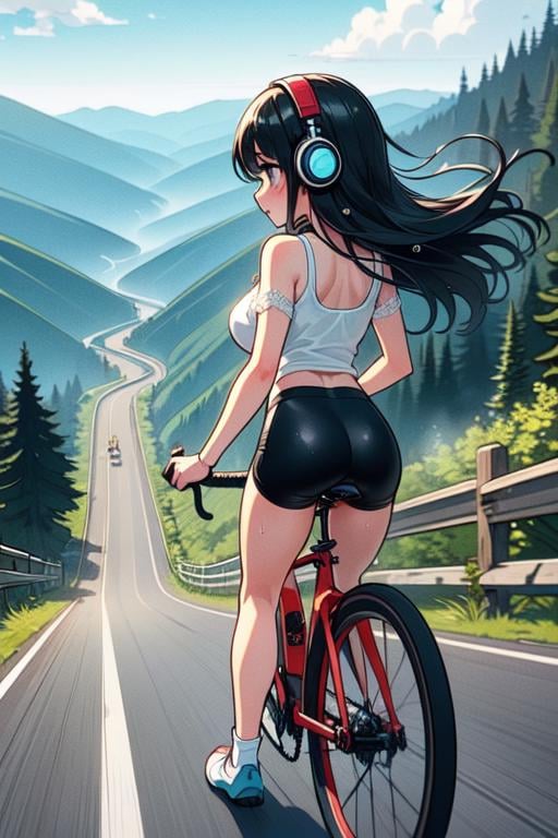 (((masterpiece))), (((best quality))),  (((speed lines))), (((full body))), (((from behind))), (((riding a downhill road bike))), (((hands on handlebar))), (((steep slope))), headphones, cyan lace cycling shorts, strong wind, 1girl,  ribbon, black longhair, collarbone, cleavage, ((huge tits)), ((sweat)), ((wet body)), shy. blush, thighs, calves, shoes, ((wheel)), ((slender figure)),  <lora:girllikedownhillV2:1>