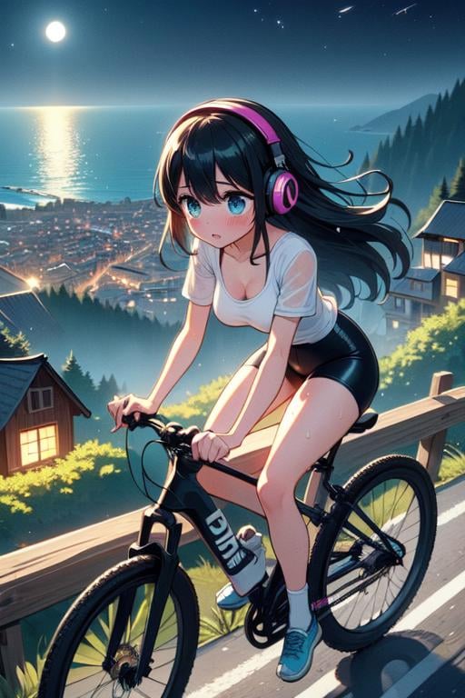 (((masterpiece))), (((best quality))),  (((speed lines))), (((full body))), (((riding a downhill road bike))), (((hands on handlebar))), (((steep slope))), headphones, cyan lace cycling shorts, strong wind, 1girl,  ribbon, black longhair, collarbone, cleavage, ((huge tits)), ((sweat)), ((wet body)), shy. blush, thighs, (((knee))), ((shoes)), ((wheel)), ((slender figure)), (((night))), (((countless house in town close to sea))), <lora:girllikedownhillV2:1>