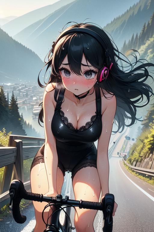 (((masterpiece))), (((best quality))), (((riding a uphill road bike))), ((hands on handlebar))), (((steep slope))), headphones, ((black lace cycling shorts)), strong wind, 1girl,  ribbon, ((black longhair)), collarbone, cleavage, ((big tits)), ((sweat)), ((wet body)), shy. blush, thin legs, ((slender figure)),  <lora:girllikeuphill:1>