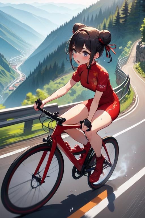 (((masterpiece))), (((best quality))), (((full body))), (((from side)), (((riding a uphill road bike))), (((hands on handlebar))), (((steep slope))), headphones, ((red high neck qipao cycling shorts)), strong wind, 1girl, ribbon, ((brown twin bun hair)), collarbone, cleavage, huge tits, ((sweat)), ((wet body)), open mouth, shy. blush, ((thin legs)), (((red high heels))), ((slender figure)), <lora:girllikeuphill:1>