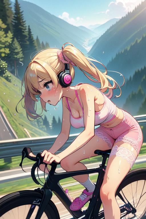 (((masterpiece))), (((best quality))), (((from side))), (((riding a uphill road bike))), ((hands on handlebar))), (((steep slope))), headphones, ((pink lace cycling shorts)), strong wind, 1girl,  ribbon, ((blonde twintails)), collarbone, cleavage, ((big tits)), ((sweat)), ((wet body)), shy. blush, thighs, knee, calves, ((slender figure)),  <lora:girllikeuphill:1>