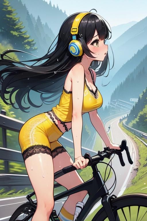 (((masterpiece))), (((best quality))), (((from side))), (((riding a uphill road bike))), (((hands on handlebar))), (((steep slope))), headphones, ((yellow lace cycling shorts)), strong wind, 1girl,  ribbon, ((black longhair)), collarbone, cleavage, ((big tits)), ((sweat)), ((wet body)), shy. blush, thin legs, (((slender figure))),  <lora:girllikeuphill:1>