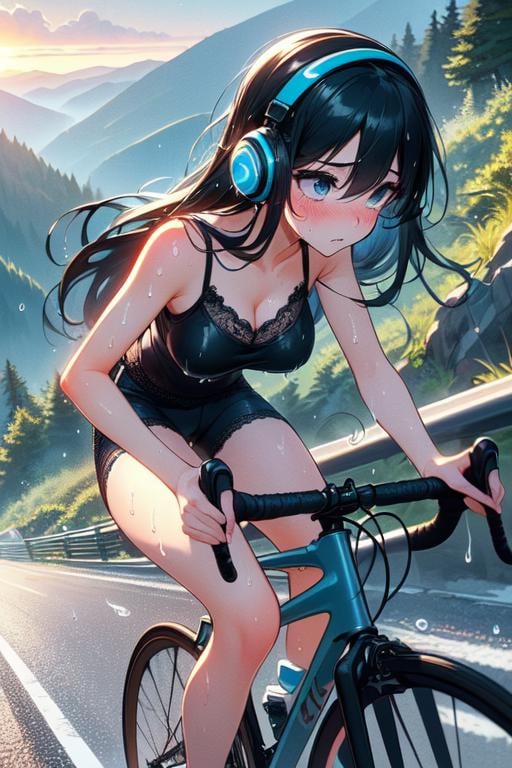 (((masterpiece))), (((best quality))), (((from side))), (((riding a uphill road bike))), ((hands on handlebar))), (((steep slope))), headphones, ((blue lace cycling shorts)), strong wind, 1girl,  ribbon, ((black longhair)), collarbone, cleavage, ((big tits)), ((sweat)), ((wet body)), shy. blush, thin legs, ((slender figure)),  <lora:girllikeuphill:1>