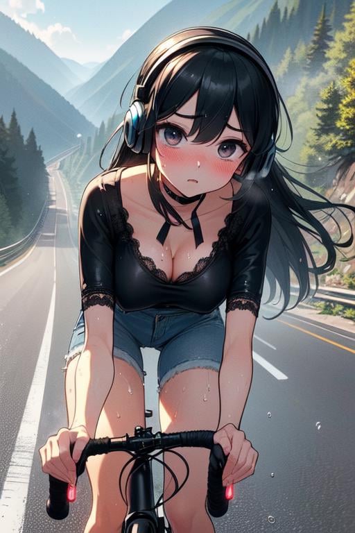 (((masterpiece))), (((best quality))), (((riding a uphill road bike))), (((hands on handlebar))), (((steep slope))), headphones, ((denim lace cycling shorts)), strong wind, 1girl,  ribbon, ((black longhair)), collarbone, cleavage, ((big tits)), ((sweat)), ((wet body)), shy. blush, thin legs, (((slender figure))),  <lora:girllikeuphill:1>