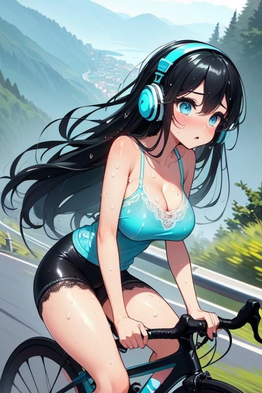 (((masterpiece))), (((best quality))), (((from side))), (((riding a uphill road bike))), (((hands on handlebar))), (((steep slope))), headphones, ((cyan lace cycling shorts)), strong wind, 1girl,  ribbon, ((black longhair)), collarbone, cleavage, ((big tits)), ((sweat)), ((wet body)), shy. blush, thin legs, (((slender figure))),  <lora:girllikeuphill:1>