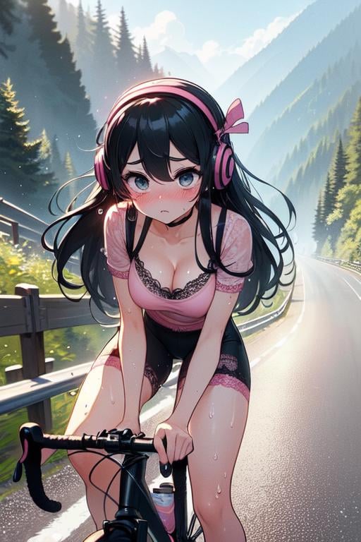 (((masterpiece))), (((best quality))), (((riding a uphill road bike))), ((hands on handlebar))), (((steep slope))), headphones, ((pink lace cycling shorts)), strong wind, 1girl,  ribbon, ((black longhair)), collarbone, cleavage, ((big tits)), ((sweat)), ((wet body)), shy. blush, thin legs, ((slender figure)),  <lora:girllikeuphill:1>