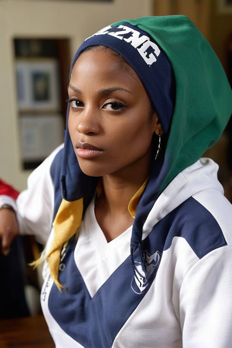 Extremely Realistic pretty african mrlhgr woman, wearing a Vlzblnc hoodie, hoodie inspired in vlzblnc jersey, gangsta photo by annie leibovitz