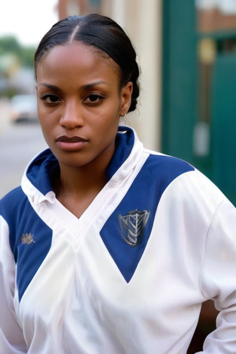 Extremely Realistic pretty african mrlhgr woman, wearing a Vlzblnc track suit, inspired in vlzblnc jersey, gangsta photo by annie leibovitz