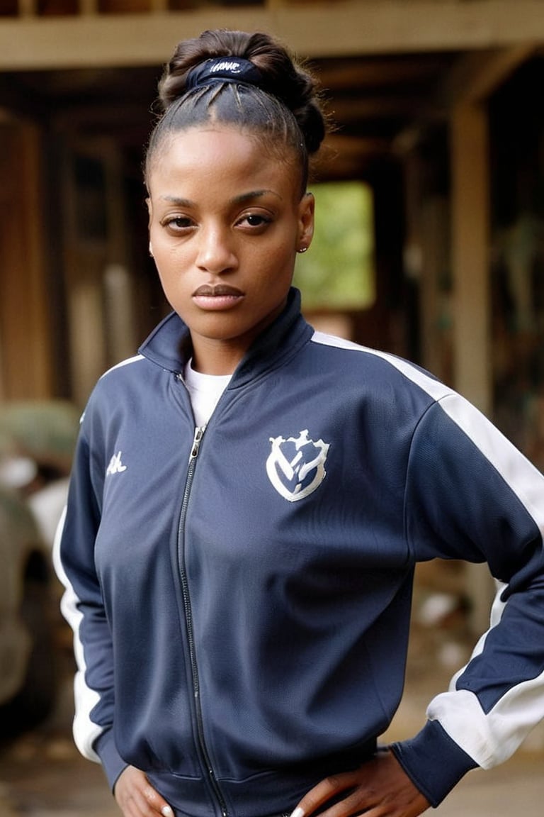 Extremely Realistic pretty african mrlhgr woman, wearing a Vlzblnc track suit, inspired in vlzblnc jersey, gangsta photo by annie leibovitz