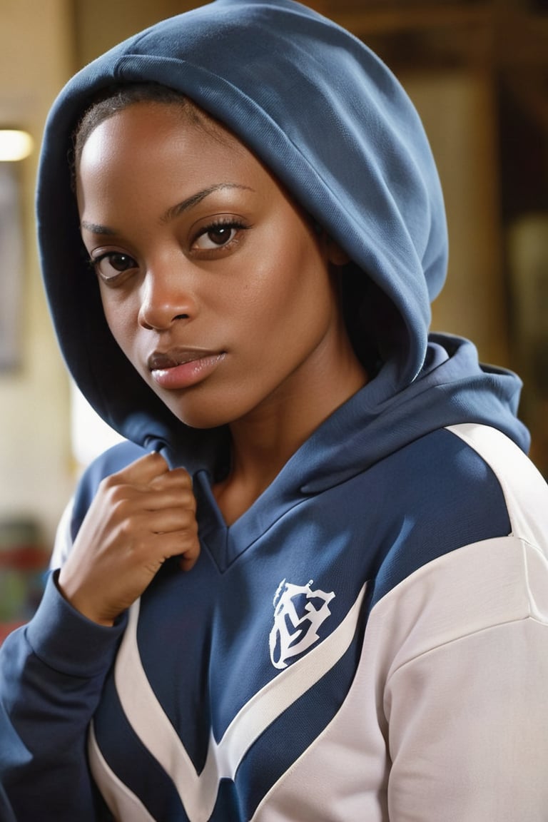 Extremely Realistic pretty african mrlhgr woman, wearing a Vlzblnc hoodie, hoodie inspired in vlzblnc jersey, gangsta photo by annie leibovitz