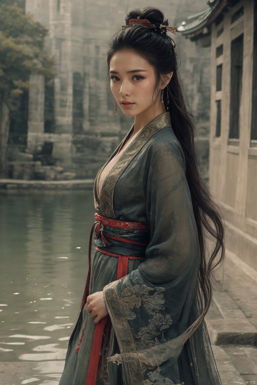  1girl, solo, long hair, looking at viewer, black hair, hair ornament, long sleeves, jewelry, standing, upper body, earrings, outdoors, water, black eyes, sash, chinese clothes, single hair bun, realistic, hanfu