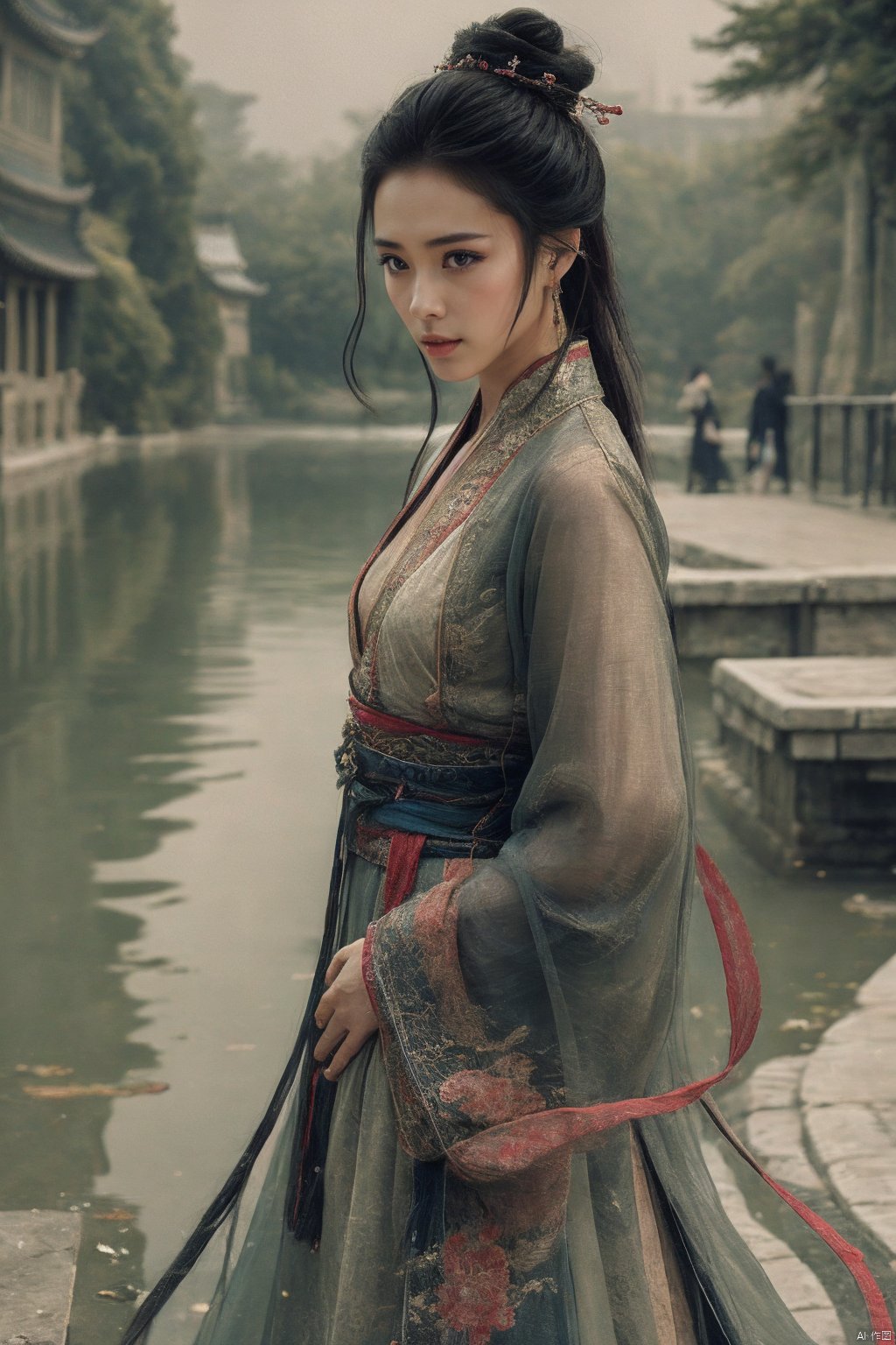  1girl, solo, long hair, looking at viewer, black hair, hair ornament, long sleeves, jewelry, standing, upper body, earrings, outdoors, water, black eyes, sash, chinese clothes, single hair bun, realistic, hanfu