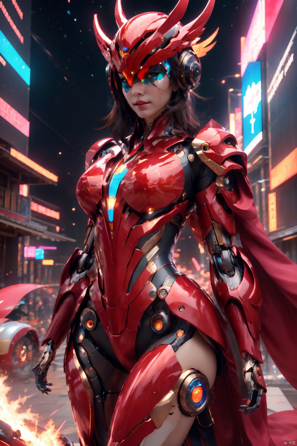  Charming Beauty,Mechanical Body,Cyberpunk Mech,Phoenix Helmet,Glass Sealed Mask,Oriental Beauty,Starry Sky Background,Detail Sculpture,Master,Full body Mech Reflective,Octane Rendering,Metallic Gloss,Fire Red Mech Armor,Phoenix Embroidered Cloak,Fluorescent Liquid Flow,Metal Transparent Infusion Tube,Masterpiece,Illustrations,Best Quality,Very Detailed CG,8k Wallpaper,Extremely Exquisite and Beautiful,Game CG,Full body Photo,Streamlined Good Figure,Slender Thighs,Cyber Shin,Sur Reality Realistic,realistic style,solo,ultra detail,telephoto lens,ultra fine detail,CG rendering,xihua, BY MOONCRYPTOWOW