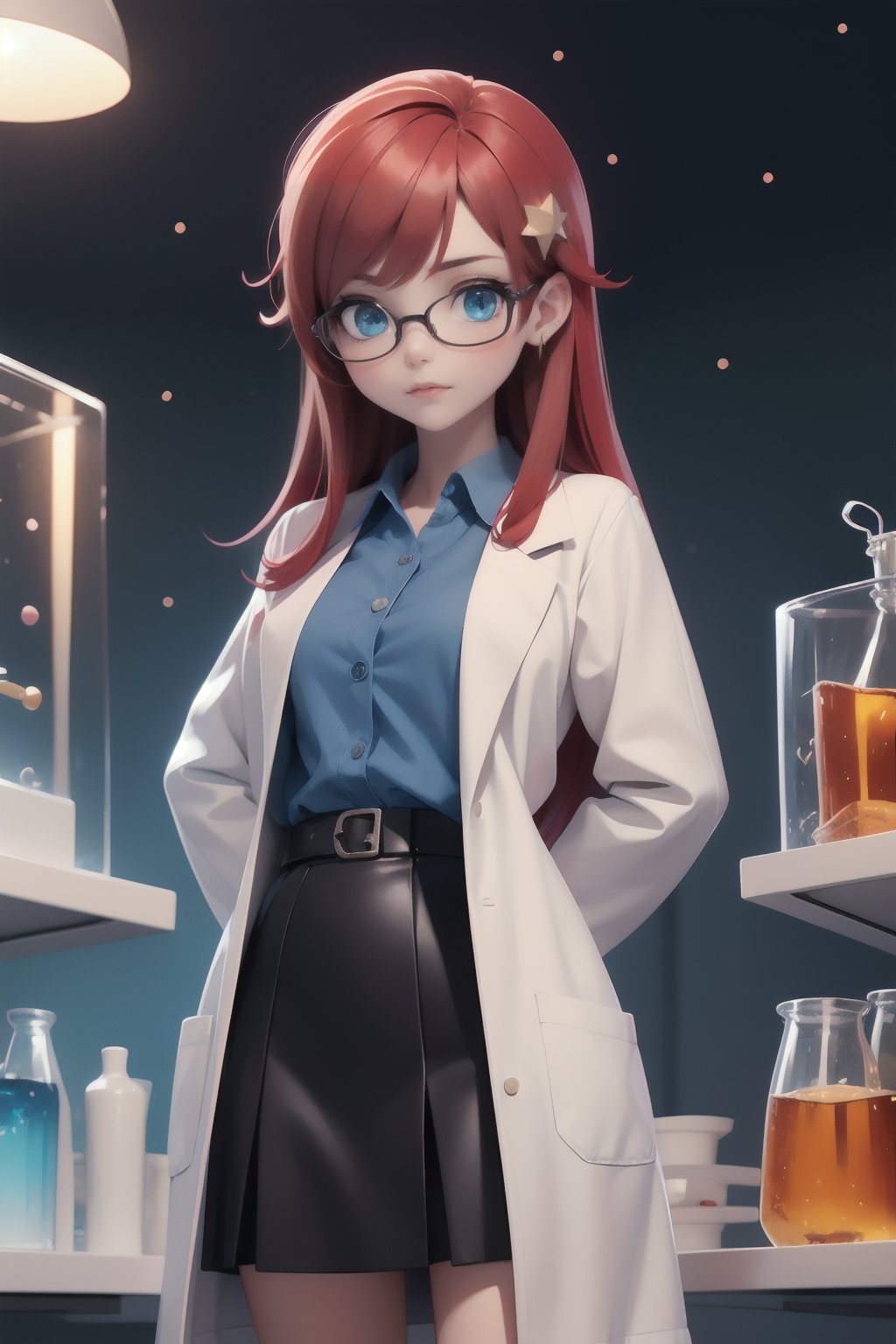 solo, 1girl, Susan test, glasses, long hair, red hair, labcoat, black skirt, blue eyes, star hair ornament ,hair ornament,   star ornament, blue shirt, open clothes, arms behind back, laboratory  ,