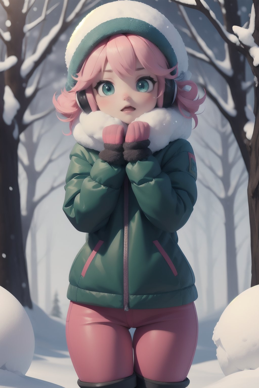 masterpiece, ultra-detailed, stunning art, illustration, 8k cg wallpaper, sharp focus, 1girl, solo, standing in the snow, perfect anatomy, cute face, pained expression, (((snowball hitting face))), sparkling eyes, deep green eyes, beautiful detailed eyes, pink hair, short hair, messy hair, winter hat, earmuffs, scarf, skinny body, puffy winter jacket, perfect arms, perfect hands, mittens, snow pants, perfect legs, snow boots, cute, pretty, beautiful, sexy, perfect body, (background: snowy front yard, snow covered bushes, snow covered trees, snowflakes in air, intricately detailed items in background)