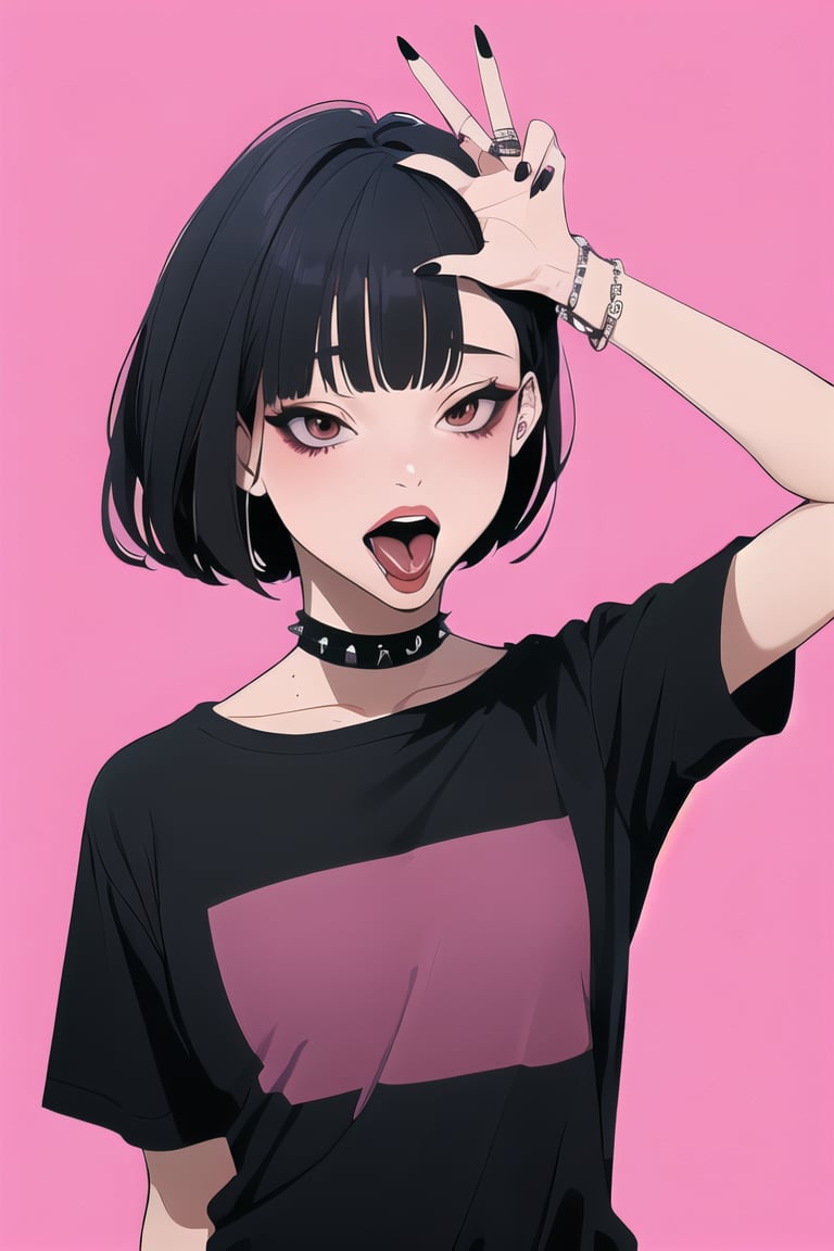 1girl, solo, looking at viewer, short hair, open mouth, bangs, simple background, shirt, black hair, brown eyes, jewelry, upper body, short sleeves, choker, tongue, striped, tongue out, blunt bangs, nail polish, arm up, bracelet, black shirt, v, pink background, bob cut, ring, black nails, spikes, o-ring, gothic, tongue piercing