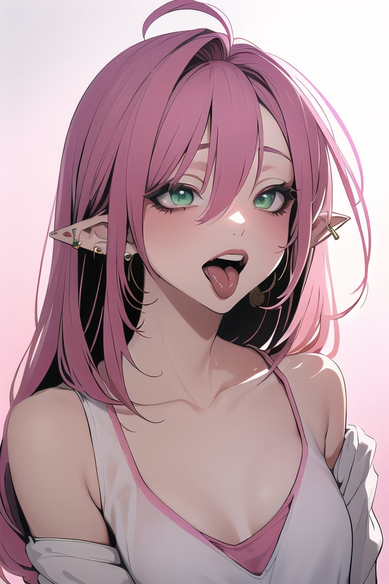 1girl, ahoge, collarbone, ear piercing,earrings, flat chest,forked tongue,gradient background ,green eyes,hair between eyes, hair ornament ,jewelry, long hair ,looking at viewer ,open mouth ,piercing ,pink hair,pointy ears,solo ,teeth,tongue,tongue out,upper body, upper teeth only