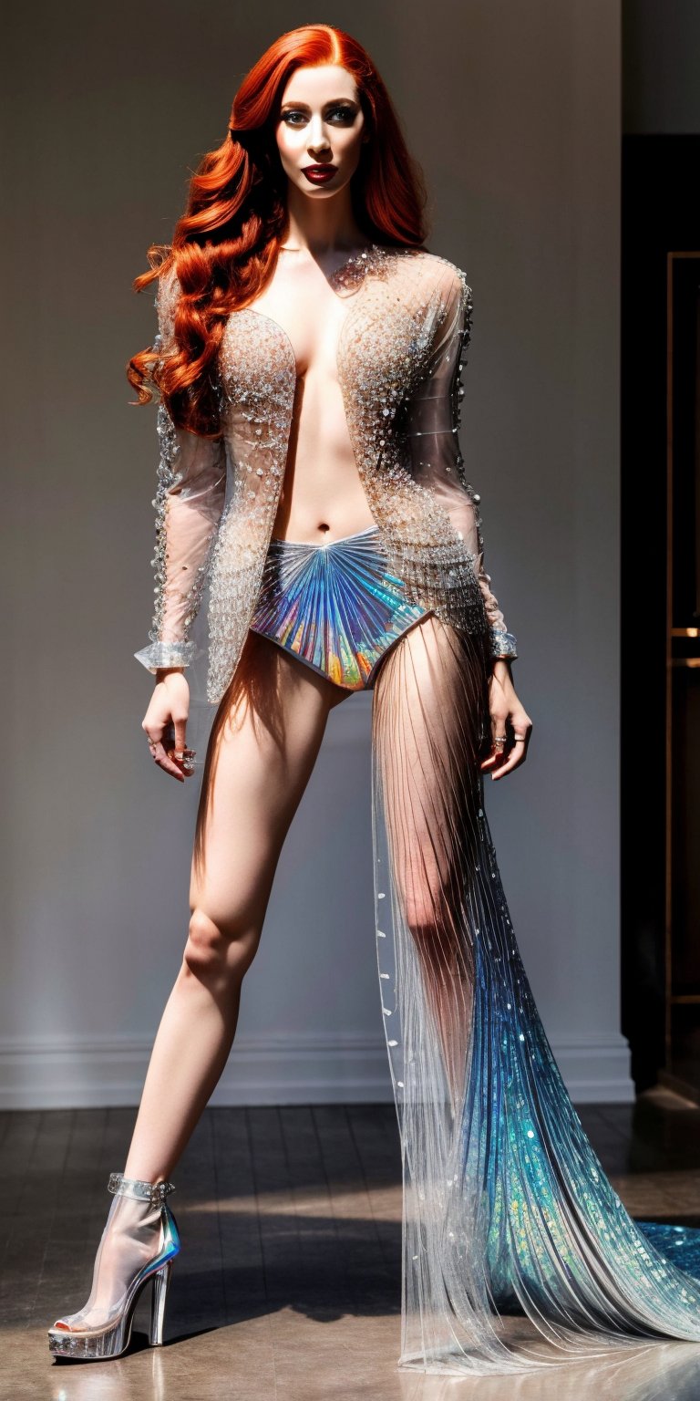full body, hyper realistic, A woman of unparalleled beauty, long red hair, her features embody perfection, and her clothes made of shattered glass and diamonds radiates a seemingly infinite holographic translucence, akin to flawless crystal. ,glass_clothes,photorealistic,Masterpiece