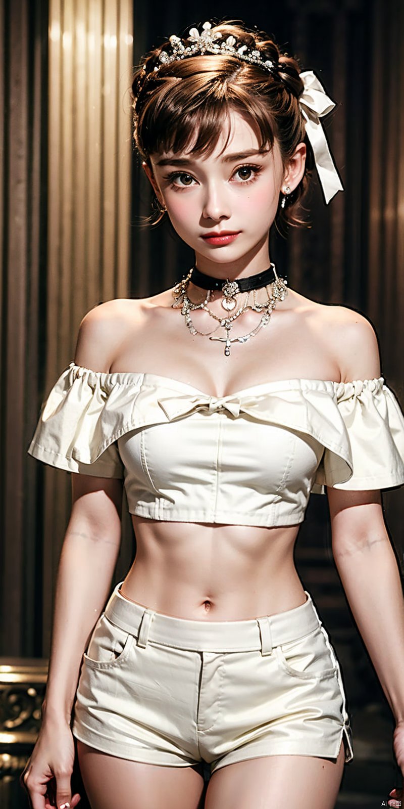  nai3, 1girl, shorts, solo, crop top, black shorts, choker, navel, shirt, midriff, crop top overhang, looking at viewer, white shirt, jewelry, breasts, cowboy shot, bare shoulders, short shorts, off-shoulder shirt, off shoulder, black choker, thighs, stomach, hand on own thigh, long hair, bracelet, short sleeves, ribbon, hand up, collarbone, hair ribbon, medium breasts, standing, high-waist shorts, dolphin shorts, bra strap, closed mouth, hair ornament, thigh gap, bangs, necklace, expressionless,, heben,brown-hair,kind smile