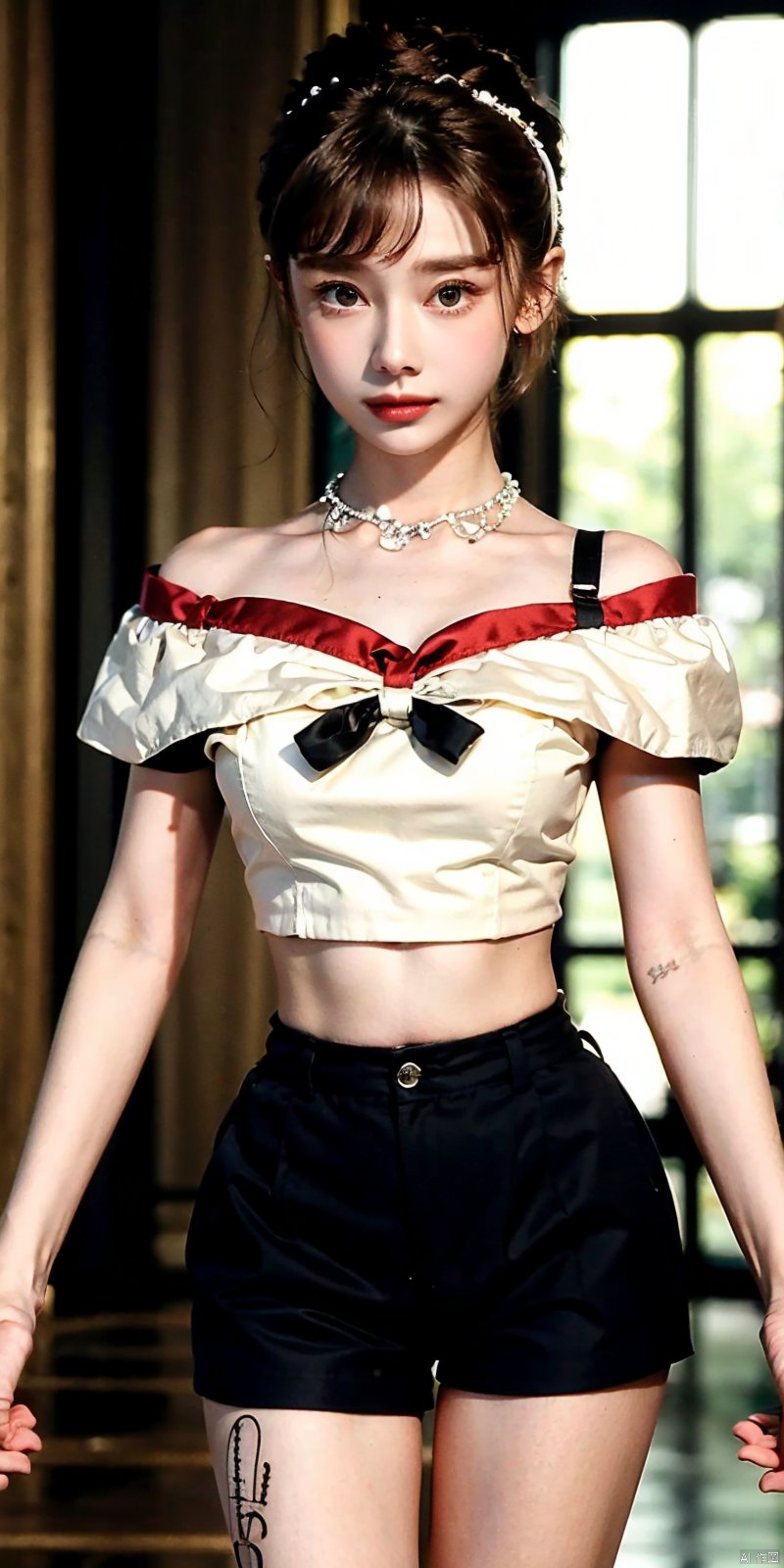  nai3, 1girl, shorts, solo, crop top, black shorts, choker, navel, shirt, midriff, crop top overhang, looking at viewer, white shirt, jewelry, breasts, cowboy shot, bare shoulders, short shorts, off-shoulder shirt, off shoulder, black choker, thighs, stomach, hand on own thigh, long hair, bracelet, short sleeves, ribbon, hand up, collarbone, hair ribbon, medium breasts, standing, high-waist shorts, dolphin shorts, bra strap, closed mouth, hair ornament, thigh gap, bangs, necklace, expressionless,, heben,brown-hair