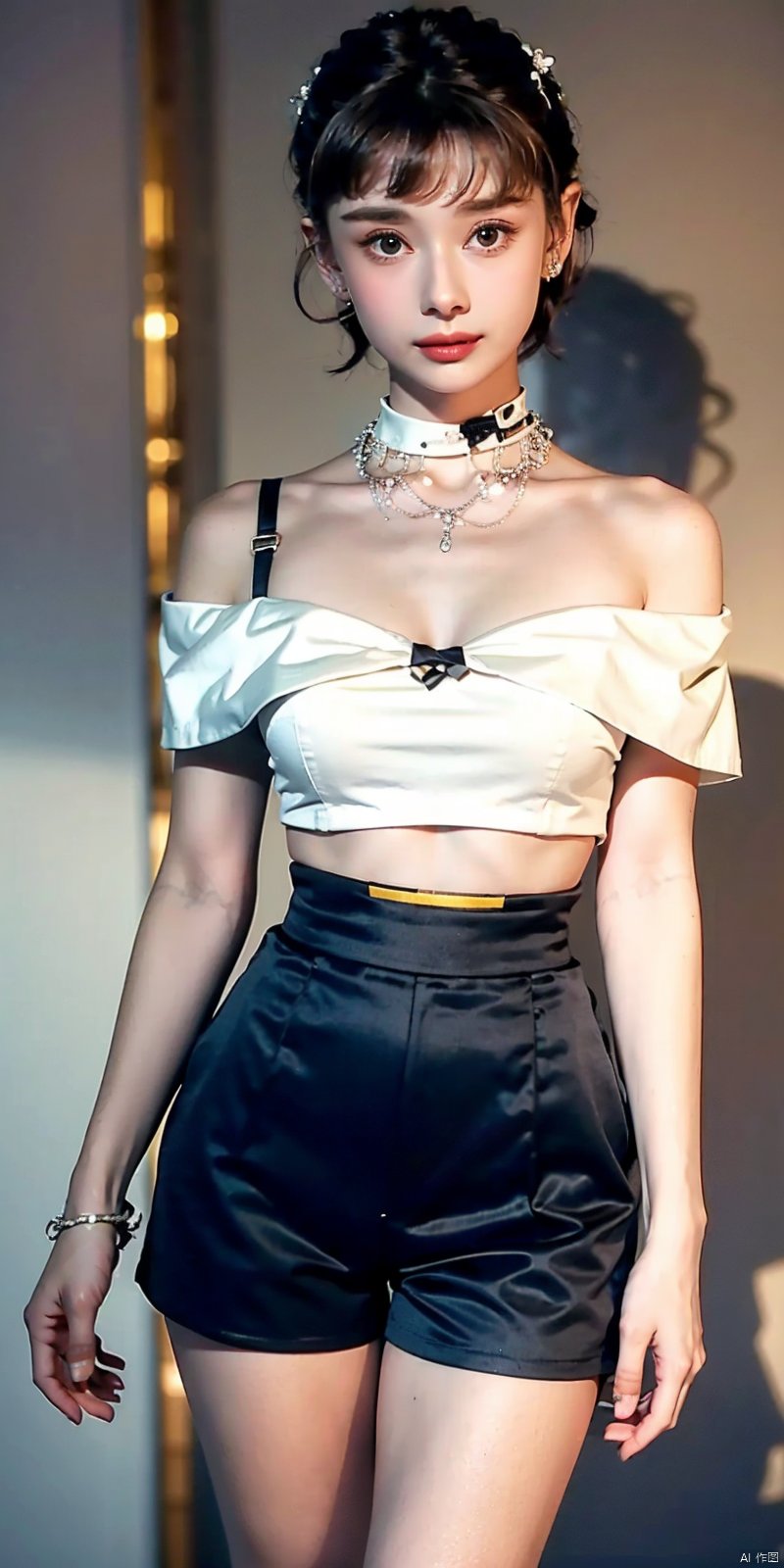  nai3, 1girl, shorts, solo, crop top, black shorts, choker, navel, shirt, midriff, crop top overhang, looking at viewer, white shirt, jewelry, breasts, cowboy shot, bare shoulders, short shorts, off-shoulder shirt, off shoulder, black choker, thighs, stomach, hand on own thigh, long hair, bracelet, short sleeves, ribbon, hand up, collarbone, hair ribbon, medium breasts, standing, high-waist shorts, dolphin shorts, bra strap, closed mouth, hair ornament, thigh gap, bangs, necklace, expressionless,, heben,brown-hair