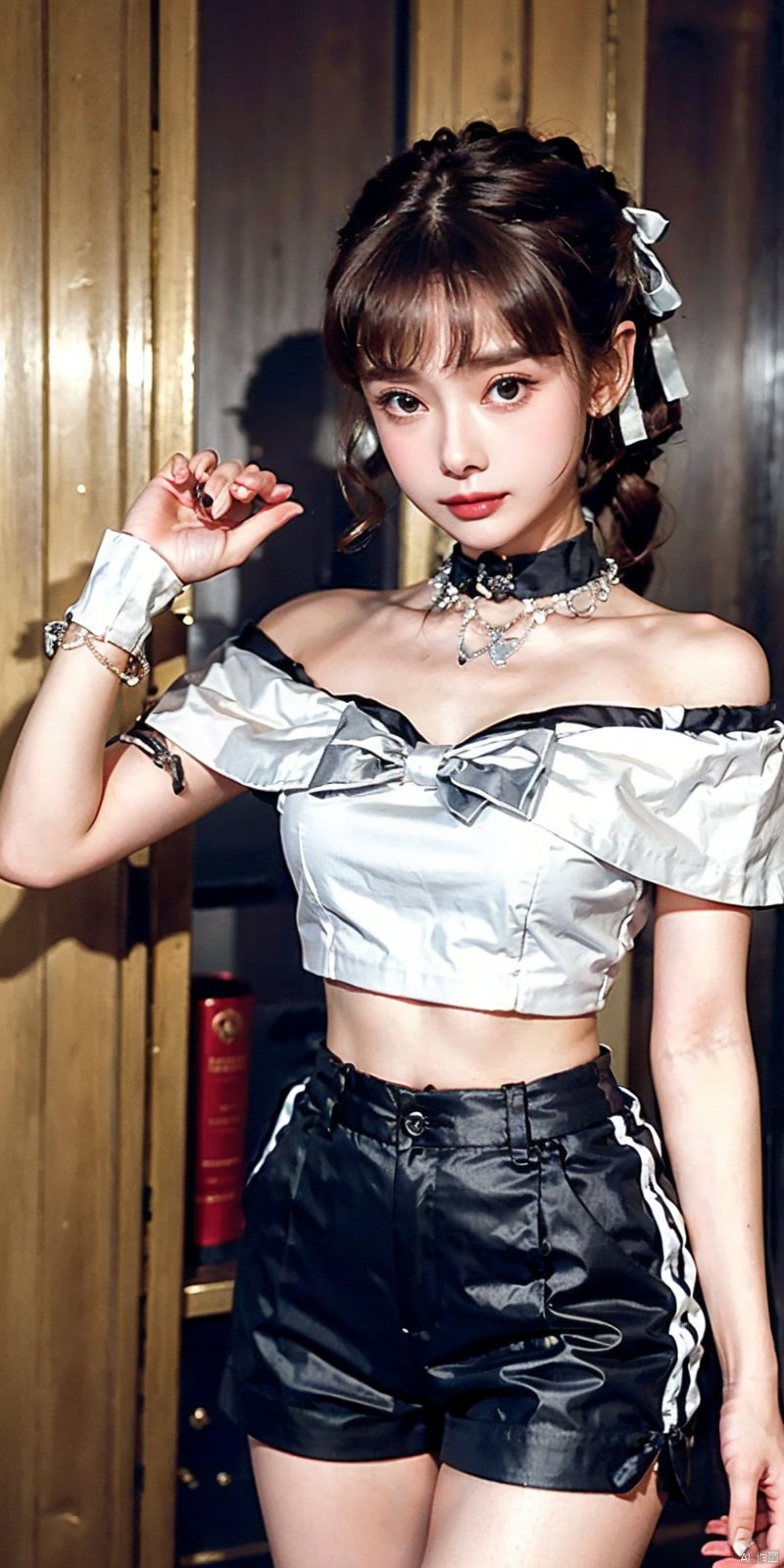  nai3, 1girl, shorts, solo, crop top, black shorts, choker, navel, shirt, midriff, crop top overhang, looking at viewer, white shirt, jewelry, breasts, cowboy shot, bare shoulders, short shorts, off-shoulder shirt, off shoulder, black choker, thighs, stomach, hand on own thigh, long hair, bracelet, short sleeves, ribbon, hand up, collarbone, hair ribbon, medium breasts, standing, high-waist shorts, dolphin shorts, bra strap, closed mouth, hair ornament, thigh gap, bangs, necklace, expressionless,, heben,brown-hair