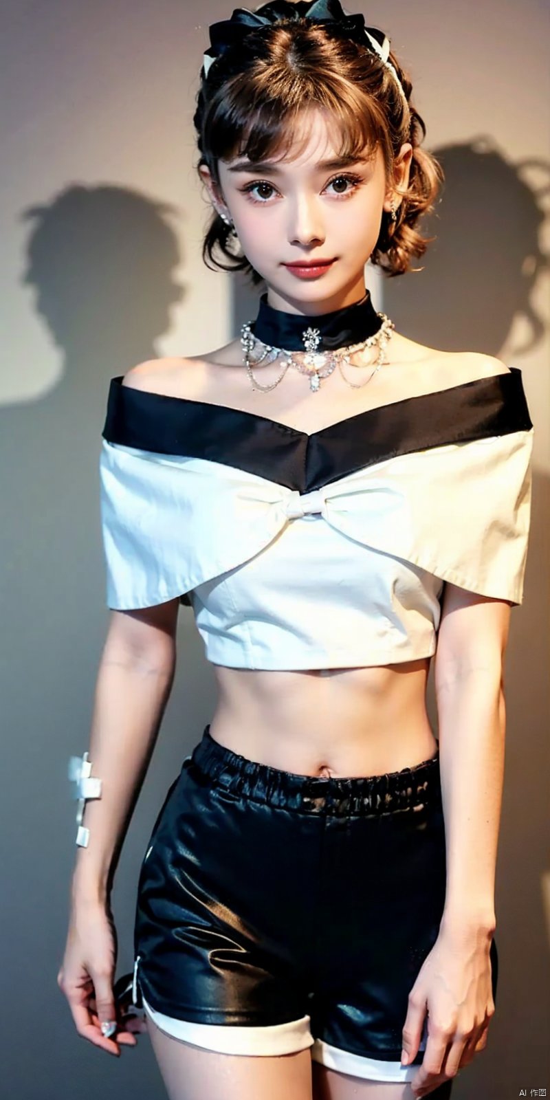  nai3, 1girl, shorts, solo, crop top, black shorts, choker, navel, shirt, midriff, crop top overhang, looking at viewer, white shirt, jewelry, breasts, cowboy shot, bare shoulders, short shorts, off-shoulder shirt, off shoulder, black choker, thighs, stomach, hand on own thigh, long hair, bracelet, short sleeves, ribbon, hand up, collarbone, hair ribbon, medium breasts, standing, high-waist shorts, dolphin shorts, bra strap, closed mouth, hair ornament, thigh gap, bangs, necklace, expressionless,, heben,brown-hair,kind smile