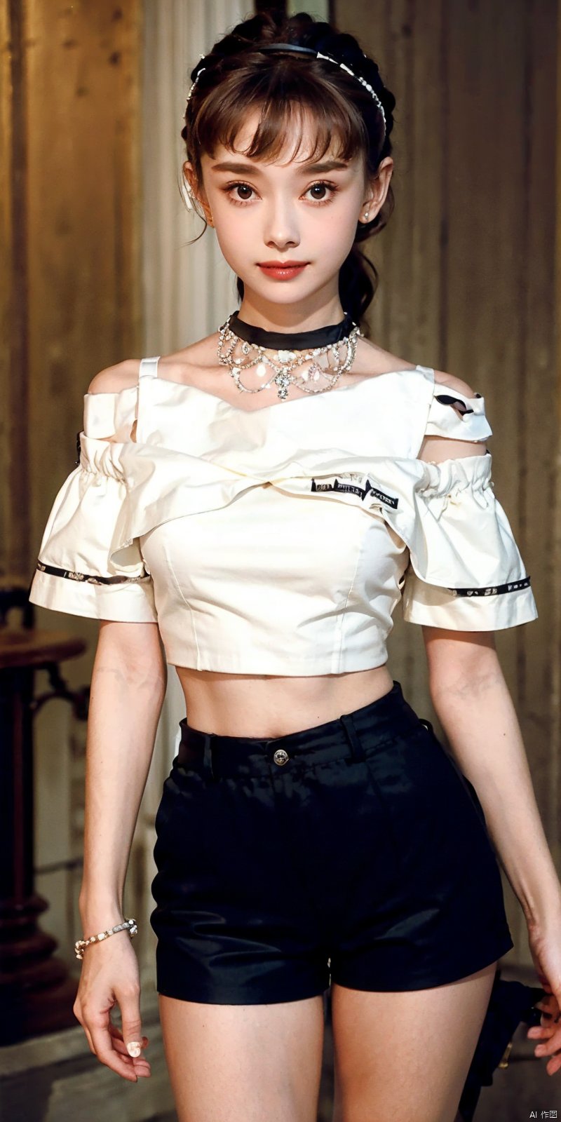  nai3, 1girl, shorts, solo, crop top, black shorts, choker, navel, shirt, midriff, crop top overhang, looking at viewer, white shirt, jewelry, breasts, cowboy shot, bare shoulders, short shorts, off-shoulder shirt, off shoulder, black choker, thighs, stomach, hand on own thigh, long hair, bracelet, short sleeves, ribbon, hand up, collarbone, hair ribbon, medium breasts, standing, high-waist shorts, dolphin shorts, bra strap, closed mouth, hair ornament, thigh gap, bangs, necklace, expressionless,, heben,brown-hair,kind smile