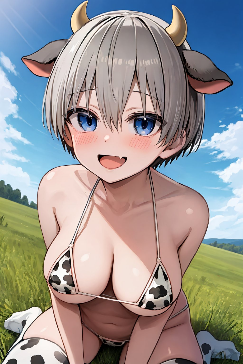 masterpiece, best quality, 1girl, uzaki hana, grey hair, short hair, hair between eyes, bangs, blue eyes, skin fang,  micro bikini, cow print, cow ears, horns, thighhighs,open mouth, smile, blush, solo, looking at viewer, grass, blue sky, meadow background <lora:UzakiHana:1>