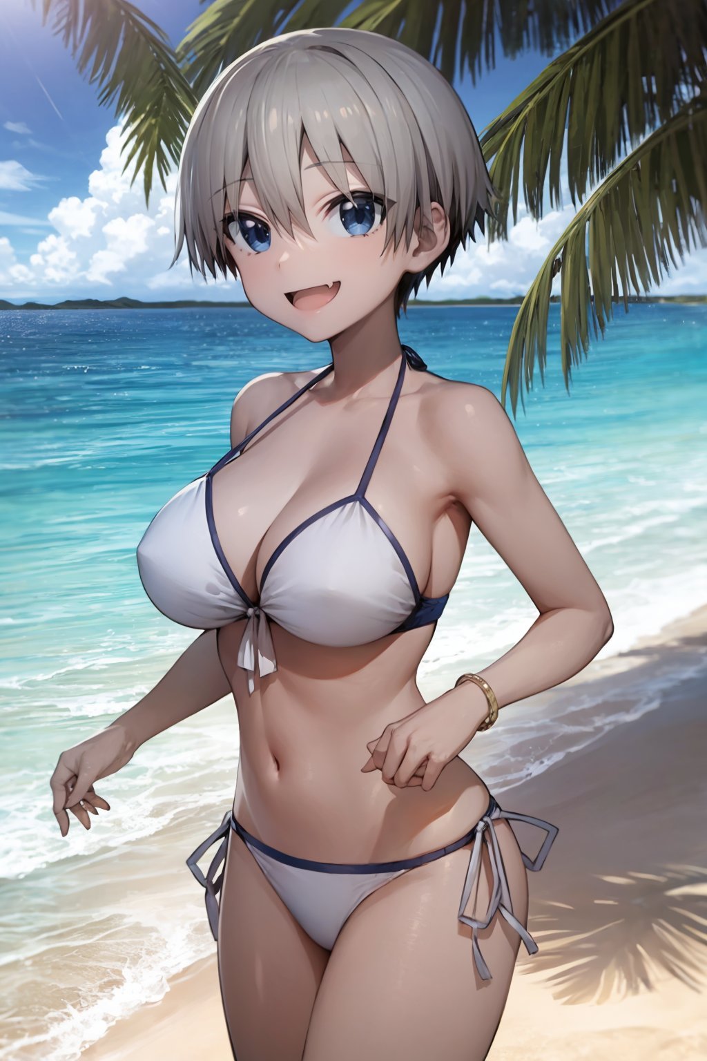 masterpiece, best quality, 1girl, uzaki hana, grey hair, short hair, hair between eyes, bangs, blue eyes, skin fang,  bikini, large breasts,smile, solo, looking at viewer, sea, sand, blue sky, tropical island background <lora:UzakiHana:1>