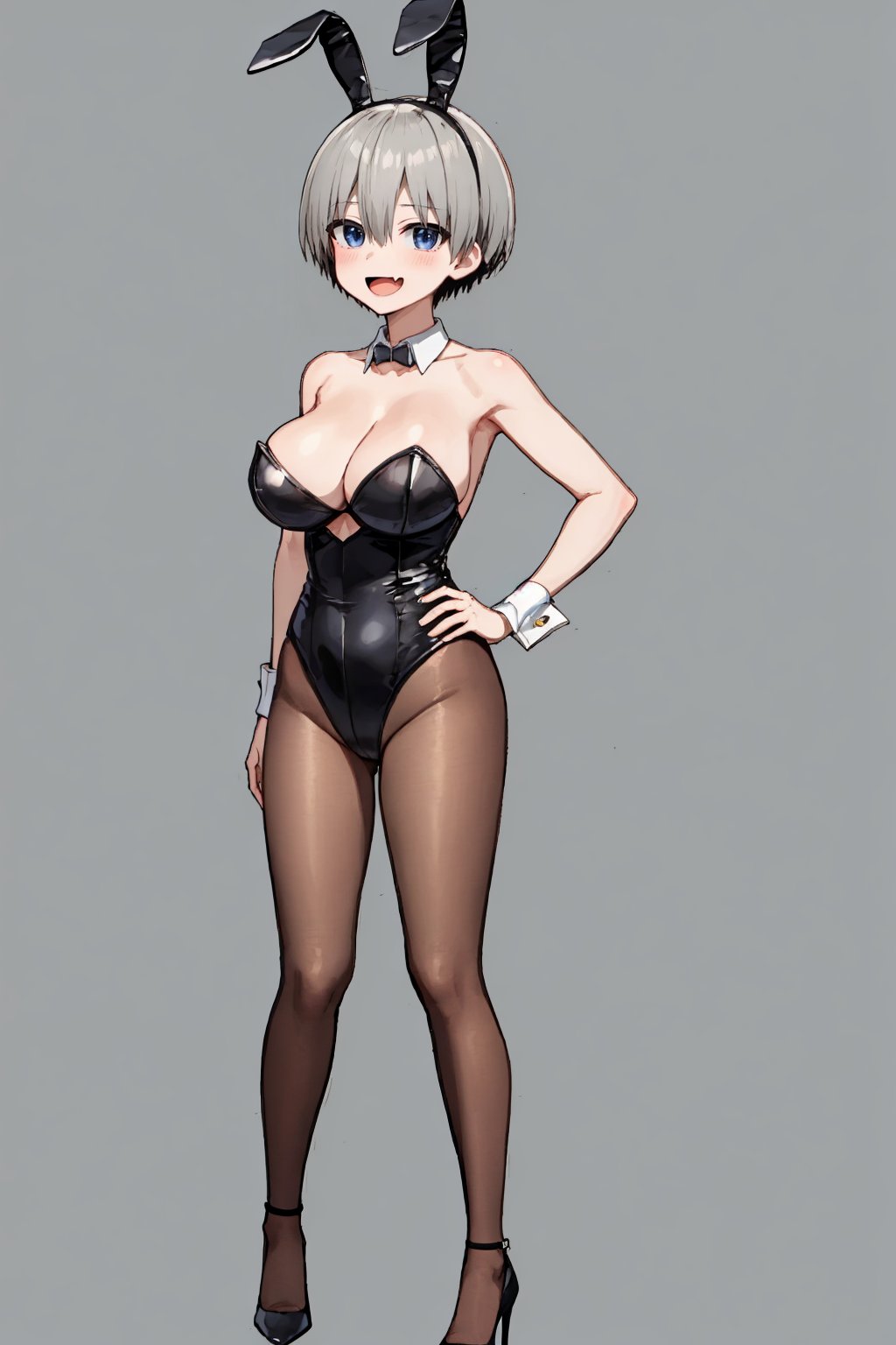 masterpiece, best quality, 1girl, uzaki hana, grey hair, short hair, hair between eyes, bangs, blue eyes, skin fang,  fake rabbit ears, bangs, bare shoulders, black leotard, red bowtie, large breasts, brown pantyhose, cleavage,  collarbone, detached collar, leotard, playboy bunny, rabbit tail, wrist cuffs, high heels,open mouth, smile, blush, full body, standing, hands on hips, solo, looking at viewer, (simple background, solid grey background) <lora:UzakiHana:1>